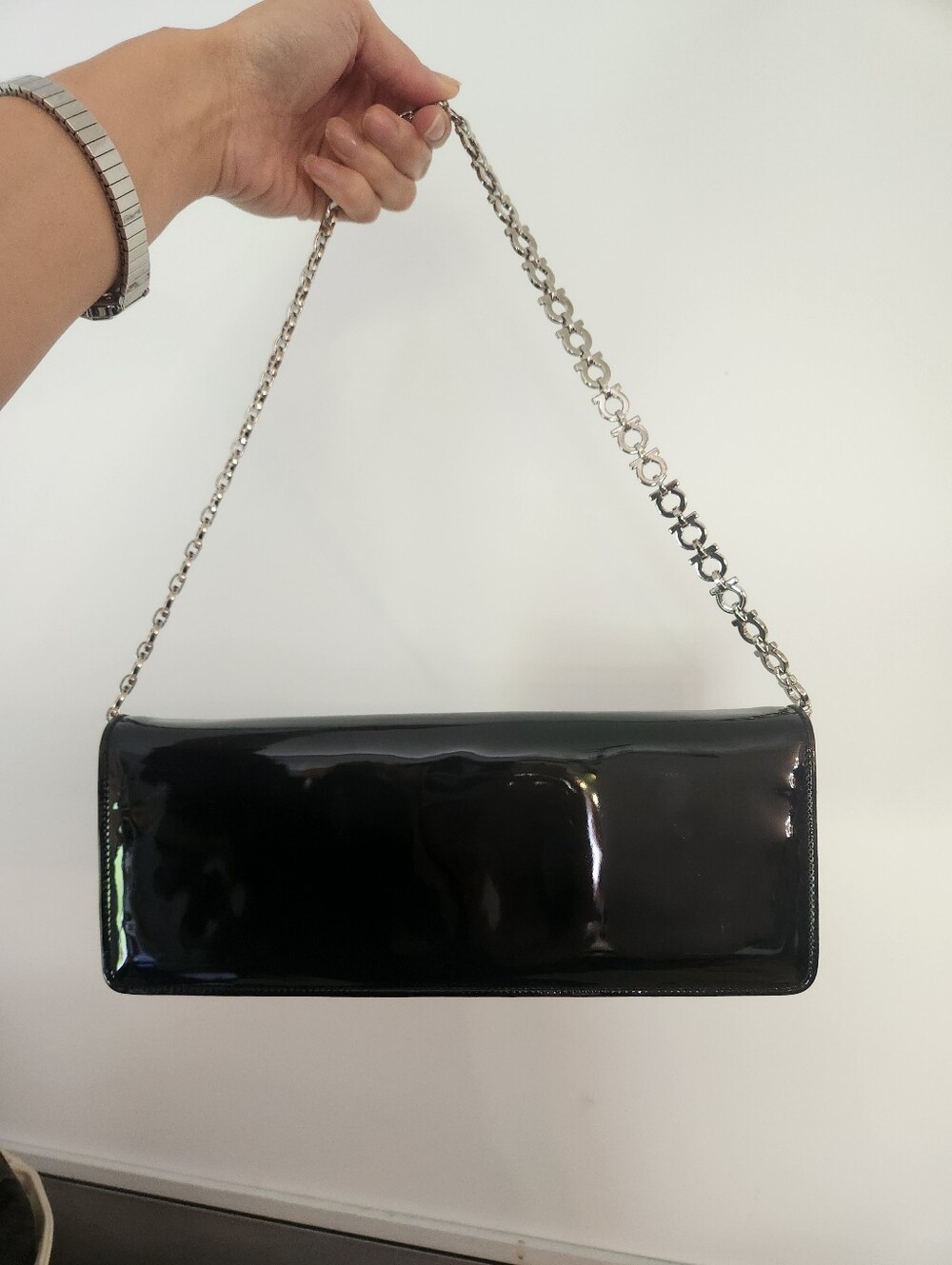 Salvatore Ferragamo Black Patent Leather Chain Shoulder Bag